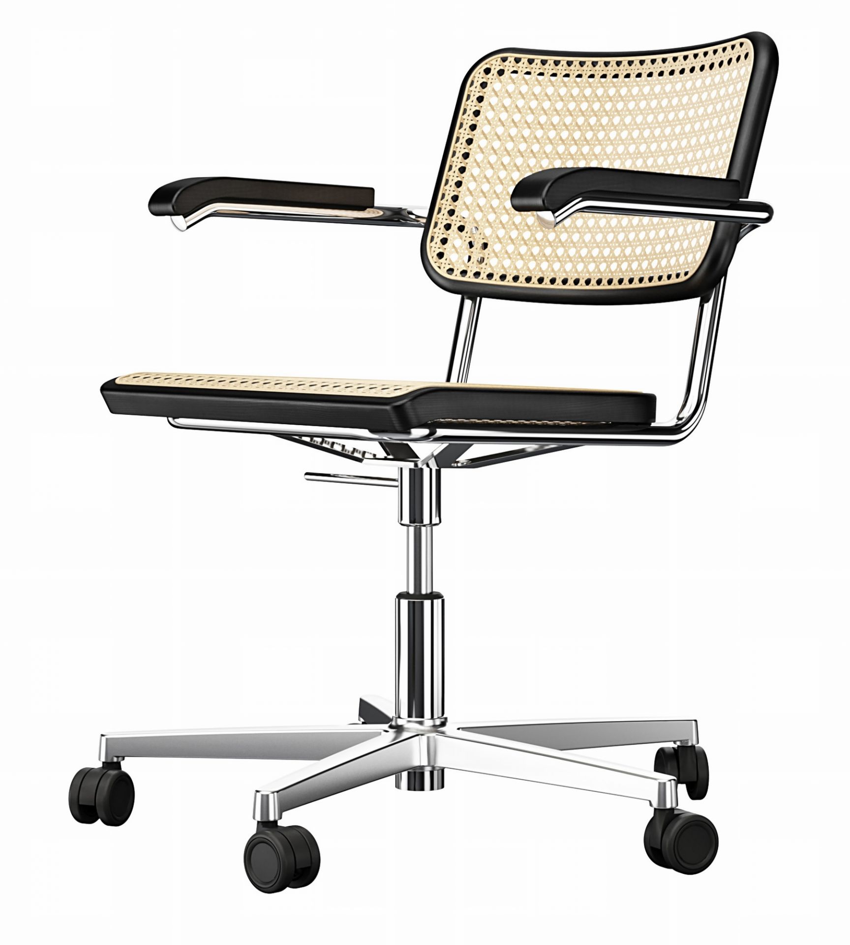 S 64 VDR Thonet Drehstuhl mit Armlehnen und Wiener Geflecht, Chromgestell, ergonomischer Bürostuhl.